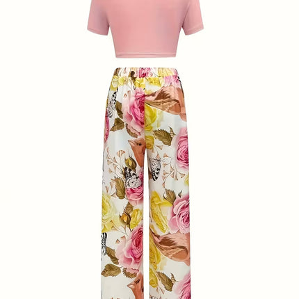 Conjunto Vintage Floral Veraniego para Mujer – Top Crop + Pantalón Ancho de Alto Confort