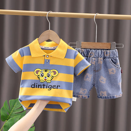 Set de Camiseta Polo Rayada y Shorts de Mezclilla para Niño – Modelo Dintiger
