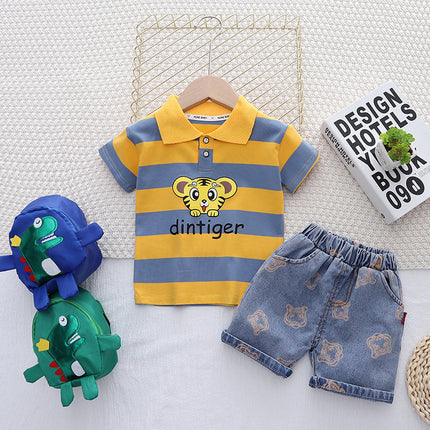 Set de Camiseta Polo Rayada y Shorts de Mezclilla para Niño – Modelo Dintiger