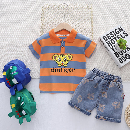 Set de Camiseta Polo Rayada y Shorts de Mezclilla para Niño – Modelo Dintiger