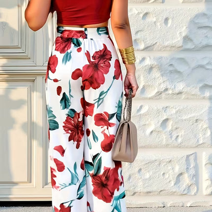 Conjunto Vintage Floral Veraniego para Mujer – Top Crop Rojo + Pantalón Ancho Estampado