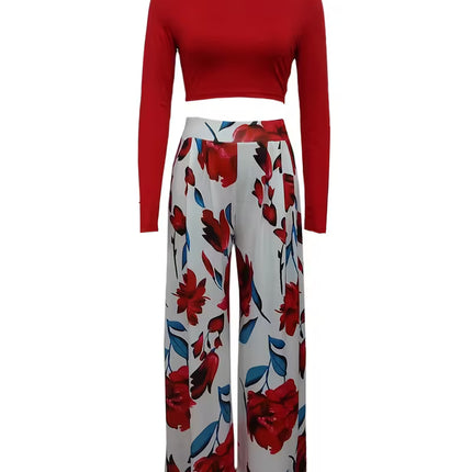 Conjunto Vintage Floral Veraniego para Mujer – Top Crop Rojo + Pantalón Ancho Estampado