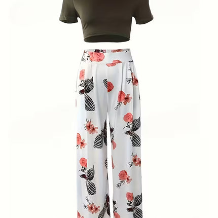 Conjunto Vintage de Dos Piezas con Top Crop y Pantalón Ancho Floral