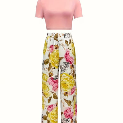 Conjunto Vintage Floral Veraniego para Mujer – Top Crop + Pantalón Ancho de Alto Confort