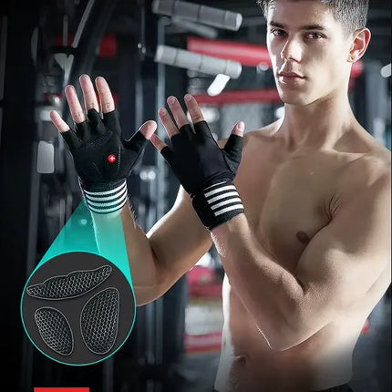 Guantes de Gimnasio Medio Dedo con Soporte de Muñeca y Palma Antideslizante