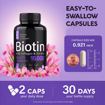 Cápsulas de Biotina con Colágeno y Queratina 15000mg, Suplemento Dietético Premium OEM ODM, Cabello, Piel y Uñas