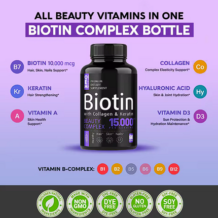 Cápsulas de Biotina con Colágeno y Queratina 15000mg, Suplemento Dietético Premium OEM ODM, Cabello, Piel y Uñas