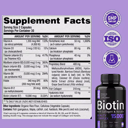 Cápsulas de Biotina con Colágeno y Queratina 15000mg, Suplemento Dietético Premium OEM ODM, Cabello, Piel y Uñas