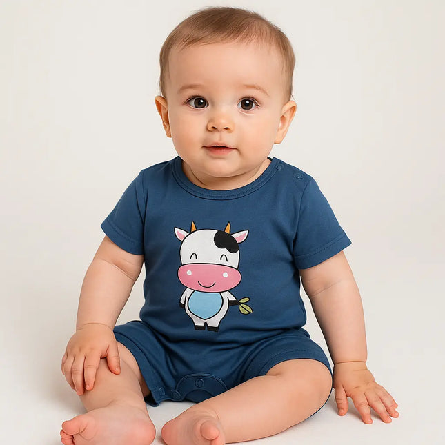 Mameluco Unisex de Algodón con Estampado de Vaca – Azul Marino