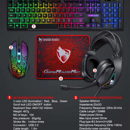 Combo Gamer 4 en 1 T-WOLF con Teclado RGB, Mouse DPI Ajustable, Audífonos y Mouse Pad