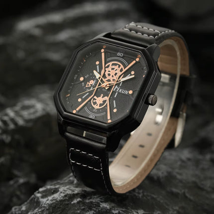 Reloj de Cuarzo para Hombre con Esfera Grande – Caja Cuadrada de Doble Capa y Correa de Cuero, Estilo Deportivo y Casual