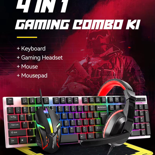 Combo Gamer 4 en 1 con Teclado RGB, Mouse Óptico, Audífonos y Mouse Pad
