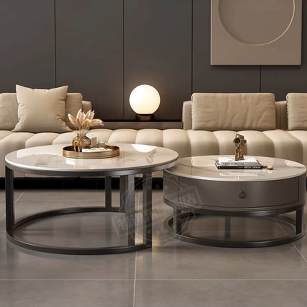 Mesa de Centro Moderna de Mármol con Estructura de Acero y Almacenamiento 70+50cm