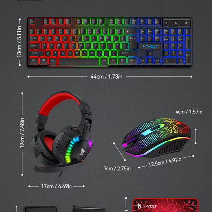 Combo Gamer 5 en 1 con Teclado RGB, Mouse Óptico, Audífonos, Mouse Pad y Botón LED