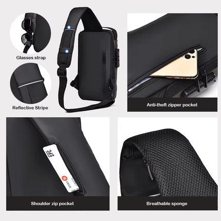Bolsa de Pecho Impermeable con Puerto USB y Cierre con Cremallera Segura, Color Negro Completo