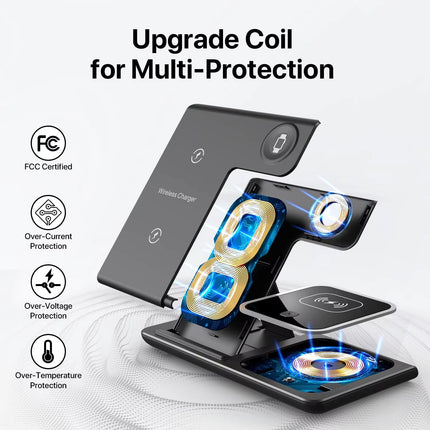 Cargador inalámbrico 3 en 1 – Base de carga rápida multifuncional para iPhone, AirPods y Apple Watch.