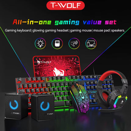 Combo Gamer 5 en 1 con Teclado RGB, Mouse Óptico, Audífonos, Mouse Pad y Botón LED