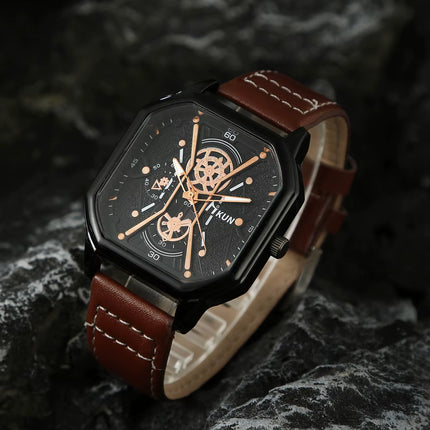 Reloj de Cuarzo para Hombre con Esfera Grande – Caja Cuadrada de Doble Capa y Correa de Cuero, Estilo Deportivo y Casual