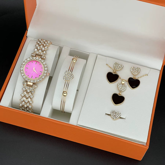 Set de Reloj de Lujo para Mujer con Diamantes y Joyería de 6 Piezas – Moda Premium
