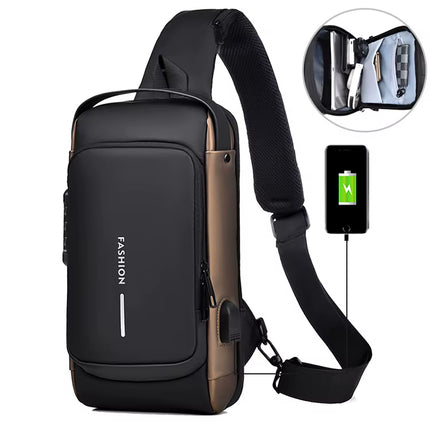 Bolsa de Pecho Impermeable con Puerto USB y Cierre con Cremallera Segura, Color Negro Completo
