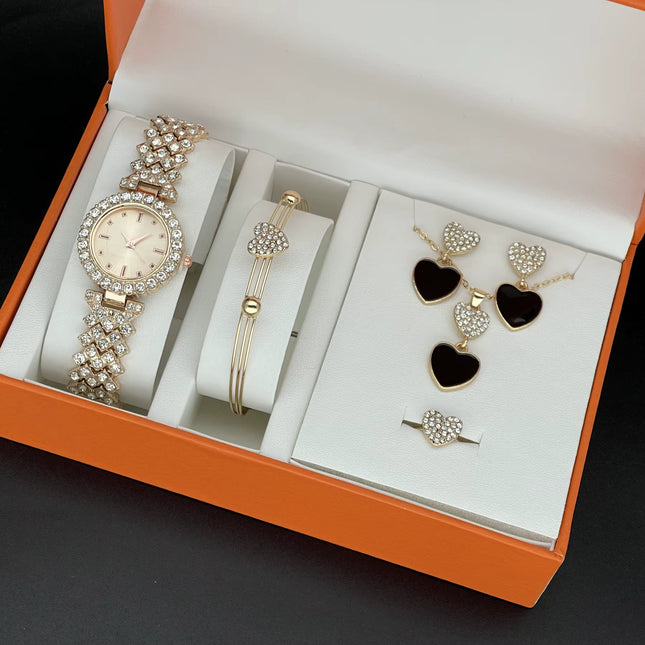 Set de Reloj de Lujo para Mujer con Diamantes y Joyería de 6 Piezas – Moda Premium