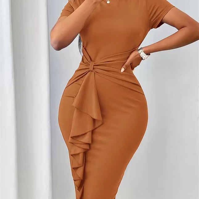 Vestidos de Oficina de Moda para Mujer: Manga Corta, Color Sólido, Corte Entallado, Volantes y Cintura Alta