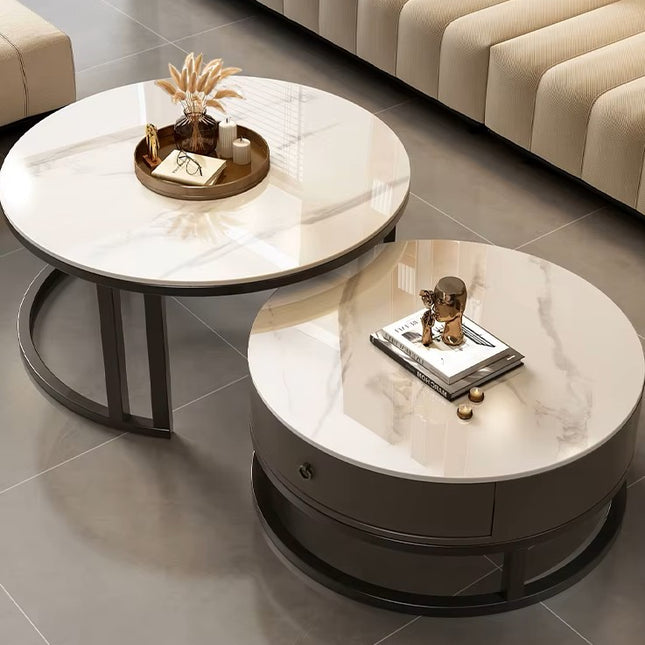 Mesa de Centro Moderna de Mármol con Estructura de Acero y Almacenamiento 70+50cm