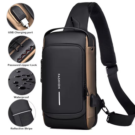 Bolsa de Pecho Impermeable con Puerto USB y Cierre con Cremallera Segura, Color Negro Completo