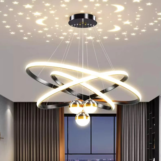 Lámpara de araña moderna de lujo de hierro 85-265V, con 3 anillos (20/40/60 cm) y bombillas efecto luna y estrellas, colgante para comedor y hogar.