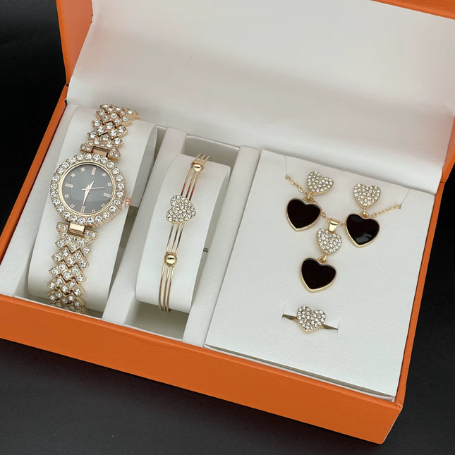 Set de Reloj de Lujo para Mujer con Diamantes y Joyería de 6 Piezas – Moda Premium
