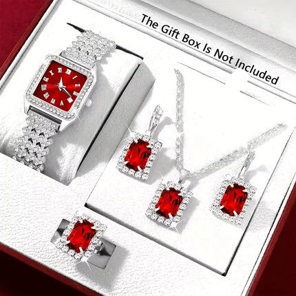 Reloj de Cuarzo Cuadrado con Diamantes Completo para Mujer – Set de Joyería de Moda