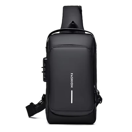 Bolsa de Pecho Impermeable con Puerto USB y Cierre con Cremallera Segura, Color Negro Completo