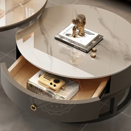 Mesa de Centro Moderna de Mármol con Estructura de Acero y Almacenamiento 70+50cm