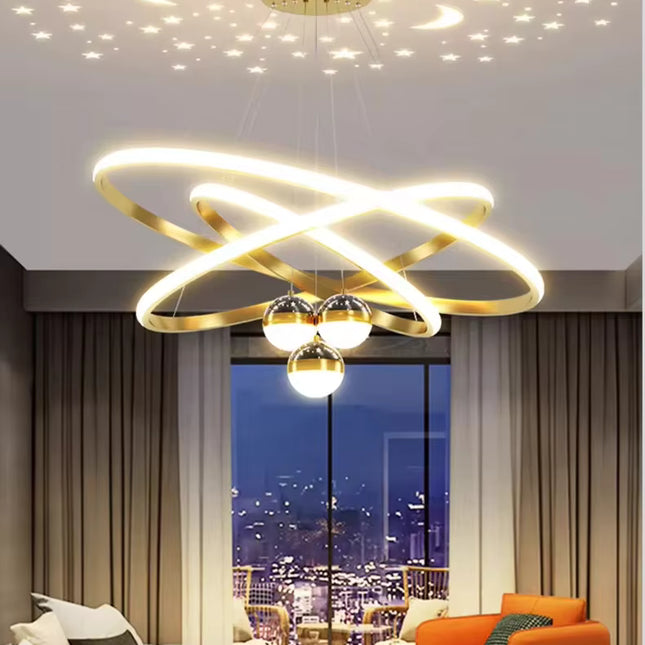Lámpara de araña moderna de lujo de hierro 85-265V, con 3 anillos (20/40/60 cm) y bombillas efecto luna y estrellas, colgante para comedor y hogar.