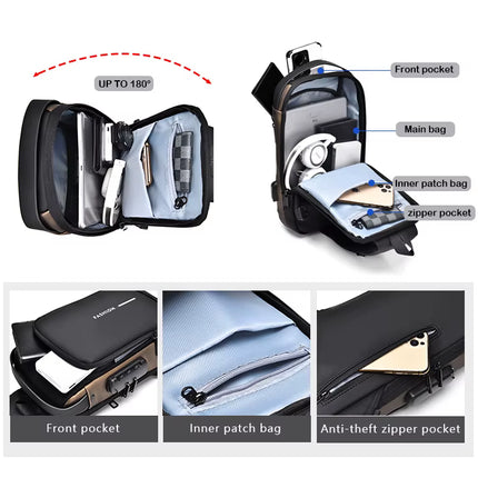 Bolsa de Pecho Impermeable con Puerto USB y Cierre con Cremallera Segura, Color Negro Completo