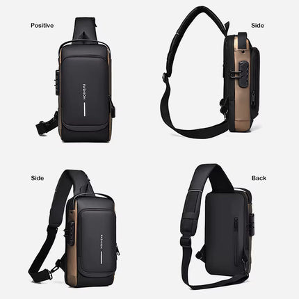 Bolsa de Pecho Impermeable con Puerto USB y Cierre con Cremallera Segura, Color Negro Completo
