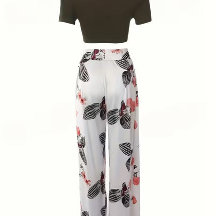 Conjunto Vintage de Dos Piezas con Top Crop y Pantalón Ancho Floral