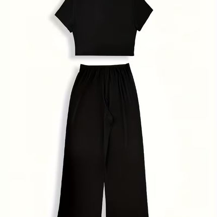 Conjunto Vintage de Dos Piezas para Mujer – Top Crop + Pantalón Ancho de Alto Confort