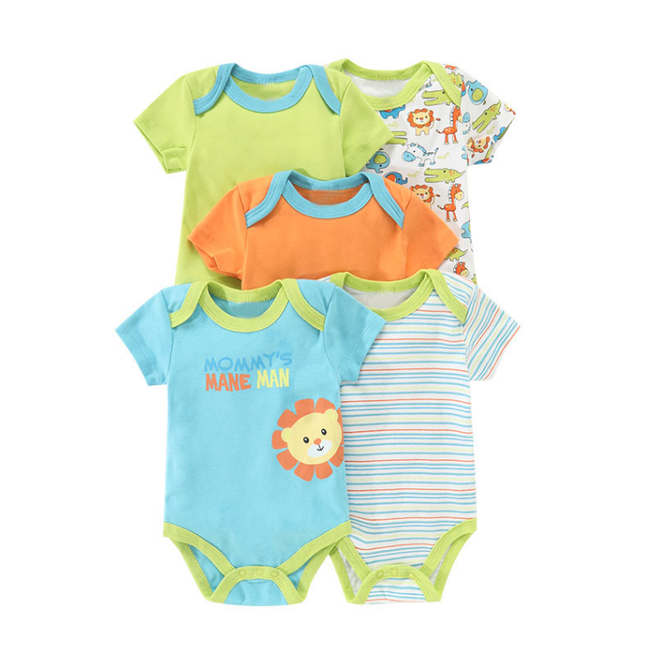 Set de 5 Mamelucos de Algodón para Bebé Niño de 3- 12m – Colores Vivos y Estampados Divertidos