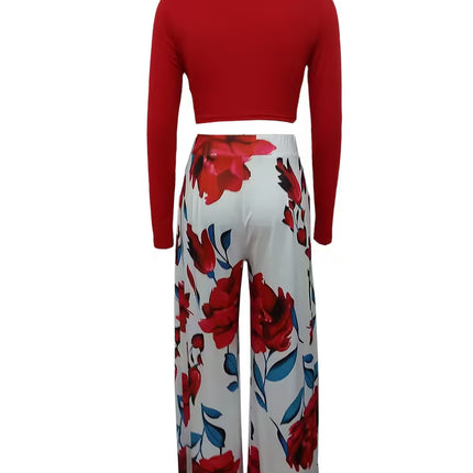 Conjunto Vintage Floral Veraniego para Mujer – Top Crop Rojo + Pantalón Ancho Estampado