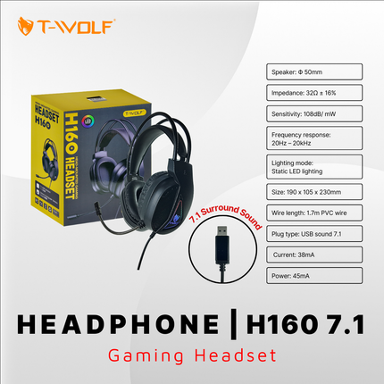 Audífonos Gamer T-WOLF H160 con Sonido Envolvente 7.1 y Micrófono LED